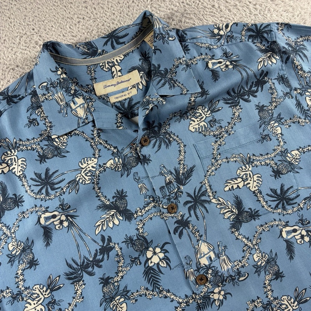 Tommy Bahama Silk Hawaiian Shirt Mens Large Blue Hula‎ Girls Lei AOP